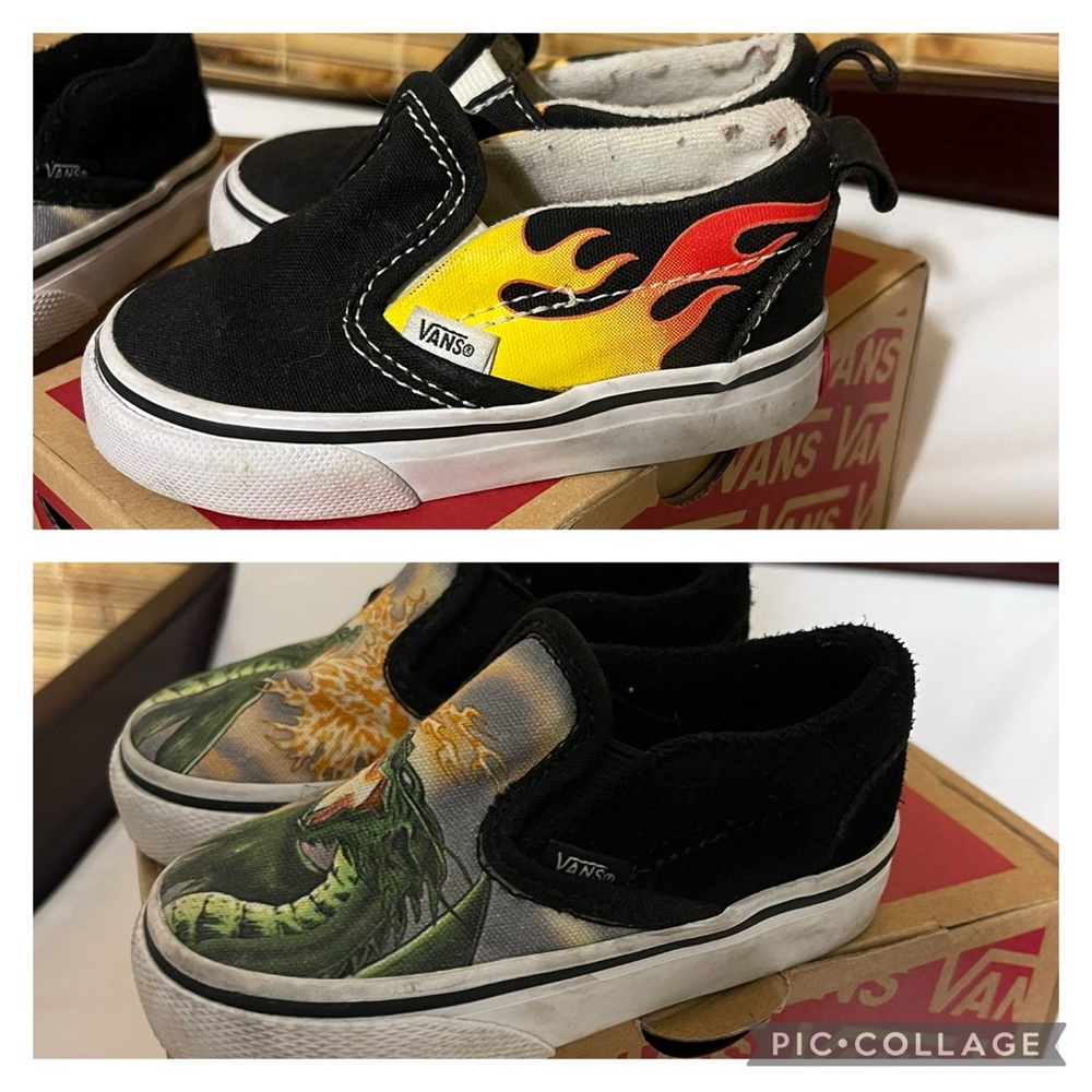 Vans slip ons 2 pairs flames & dragon